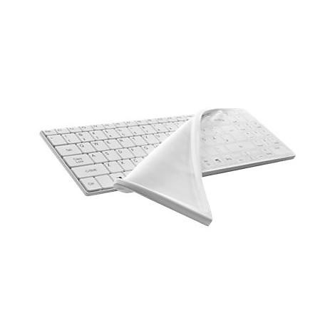 Ein weißes Keyboard mit Tastaturschutz, teilweise abgezogen.
