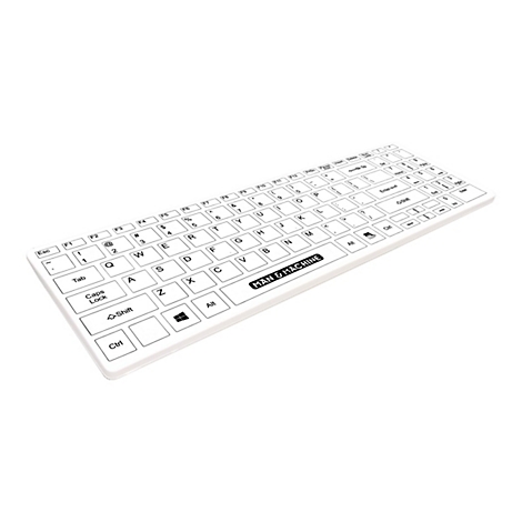 WeiÃŸes Keyboard mit schwarzen Buchstaben und dem Schriftzug MAN & MACHINE.
