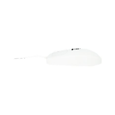 Weisse Computermaus mit Kabel vor weissem Hintergrund.