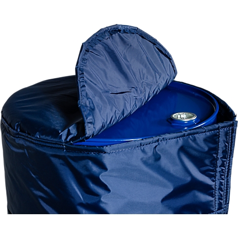 Veste de fût bleue recouvrant un conteneur métallique bleu. Le couvercle est ouvert.