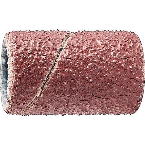 Gros plan d'une manchon de ponçage cylindrique de couleur brun rougeâtre, avec une surface rugueuse et une fracture diagonale.