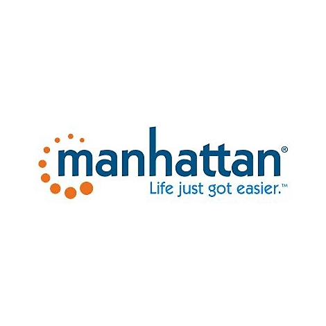 Manhattan Firmenlogo mit blauem Schriftzug und orangefarbenem Punkt-Symbol auf weißem Hintergrund.