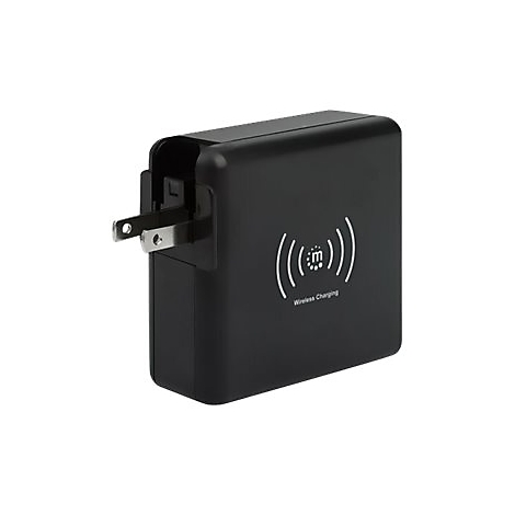 Schwarzes Netzteil mit ausklappbarem Stecker und aufgedrucktem Symbol für kabelloses Laden.
