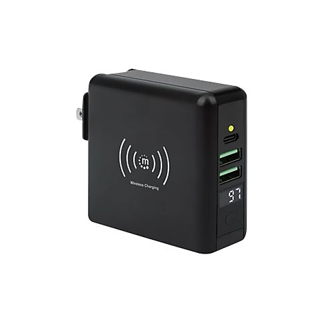 Schwarzes Wandladegerät mit kabelloser Ladefläche, zwei USB-Ports und einer LED-Ladestandsanzeige.