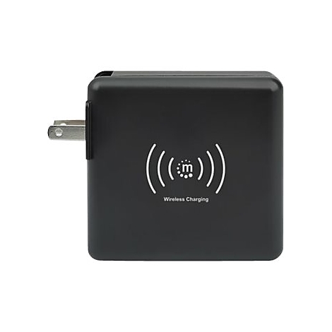 Schwarzes quadratisches kabelloses Ladegerät mit Netzstecker und Wireless-Charging-Symbol.