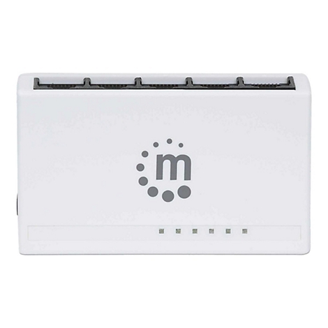 Weißer Netzwerk-Switch mit dem m-Logo und fünf Ethernet-Anschlüssen an der Oberseite.