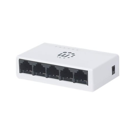 Weißer Netzwerk-Switch mit fünf schwarzen LAN-Anschlüssen vor neutralem Hintergrund.