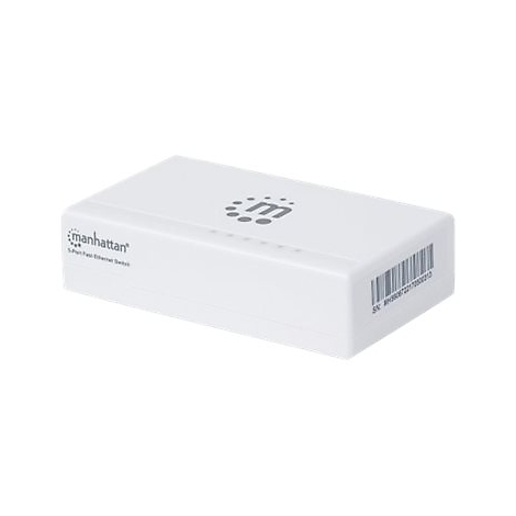 Weißer Manhattan 5-Port Fast Ethernet Switch mit Markenlogo vor weißem Hintergrund.