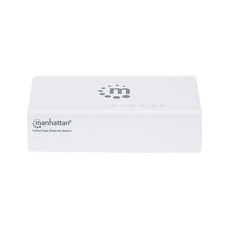 Weißer Manhattan 5-Port Fast Ethernet Switch mit Markenlogo auf der Oberseite und Front.