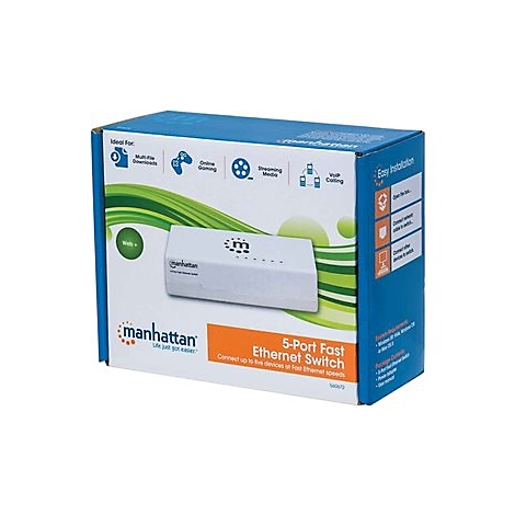 Produktverpackung eines 5-Port Fast Ethernet Switch. Mit Text: Manhattan, Ideal fÃ¼r Streaming, Gaming, VoIP Calling. Produkt auf weiÃŸem Hintergrund.