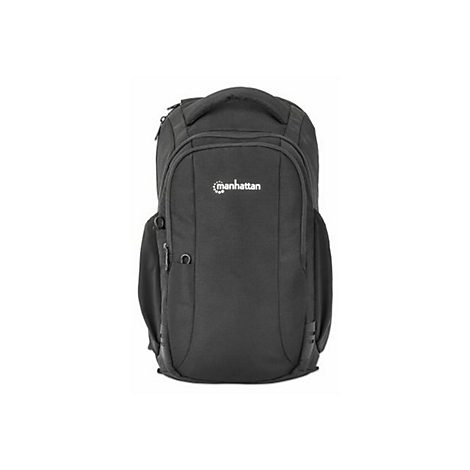 Schwarzer Manhattan Rucksack mit Reißverschlüssen vor weißem Hintergrund.