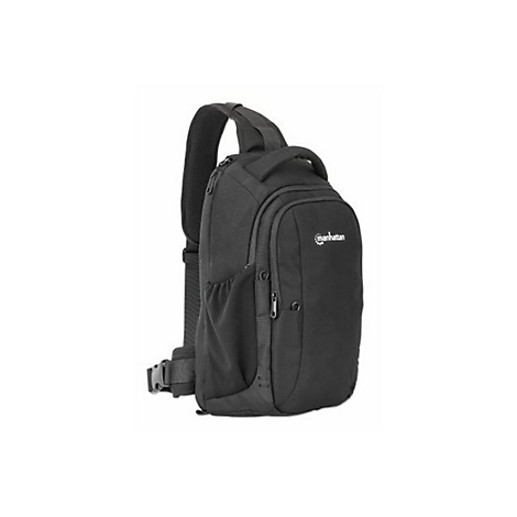 Schwarzer Manhattan Sling-Rucksack mit einem Schultergurt, Vorderseite mit Markenlogo, vor weißem Hintergrund.