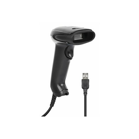 Schwarzer Barcode-Scanner mit USB-Kabel. Der Scanner ist auf weißem Hintergrund abgebildet.
