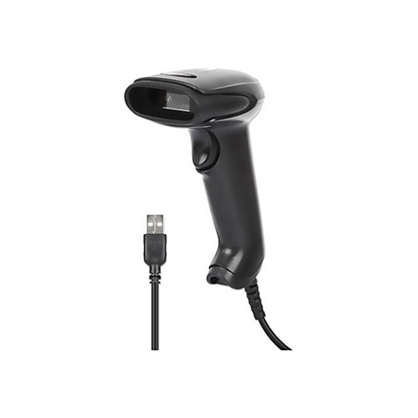 Ein schwarzer Barcodescanner mit USB-Kabel, vor weißem Hintergrund.
