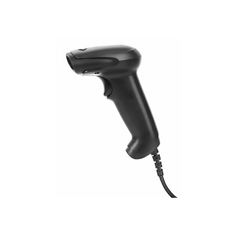 Schwarzer Barcode-Scanner mit Kabel, vor weißem Hintergrund.