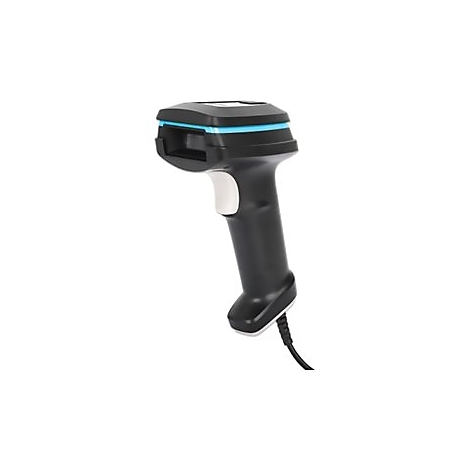 Handscanner, schwarz mit blauem Akzent, weißer Knopf, Kabelanschluss.