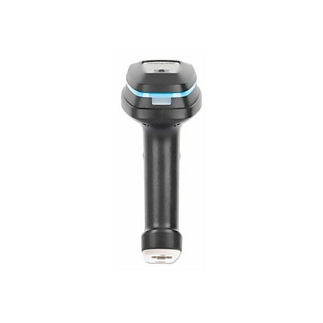 Ein schwarzer Barcode-Scanner mit blauem Licht. Das Gerät hat einen Griff und einen Scan-Kopf.