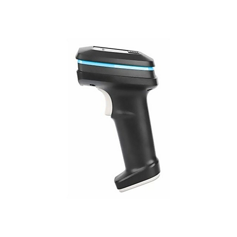 Ein schwarzer Barcode-Scanner mit weißem Griff und blau leuchtendem Streifen.