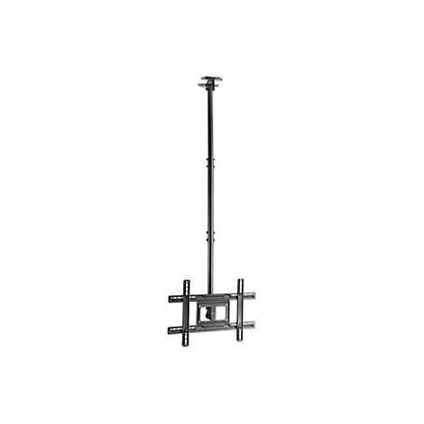 Schwarze Deckenhalterung für Fernseher mit verstellbarem Teleskoparm vor weißem Hintergrund.