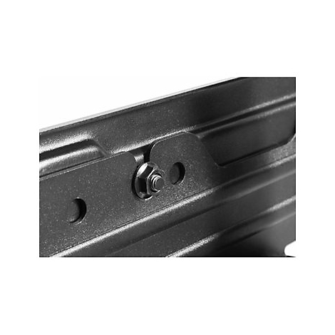 Nahaufnahme einer schwarzen Metallhalterung mit einer zentralen Sechskantschraube und Montageöffnungen.