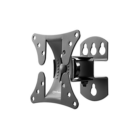 Schwarze TV-Halterung, die aus mehreren Metallplatten besteht. Manhattan Logo ist auf einer Platte zu sehen.