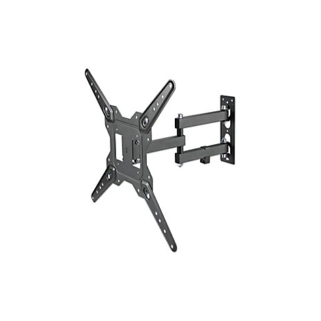 Schwarze TV-Wandhalterung, an der Wand befestigt, mit ausfahrbaren Armen.