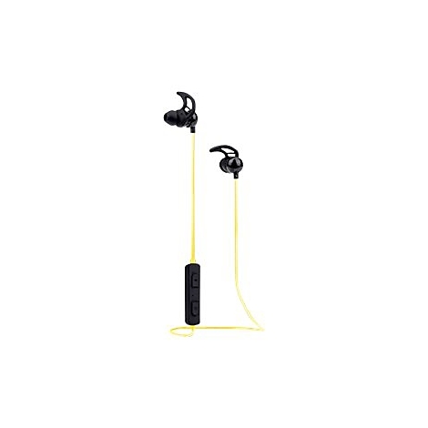 Schwarze In-Ear-Kopfhörer mit gelbem Kabel und integrierter Fernbedienung vor weißem Hintergrund.