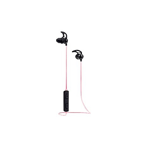 Schwarze In-Ear-Kopfhörer mit hellrosa Kabel und integrierter Fernbedienung vor weißem Hintergrund.