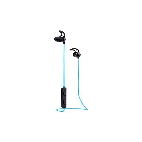 Schwarze In-Ear-Kopfhörer mit hellblauem Kabel und integrierter Steuerungseinheit vor weißem Hintergrund.