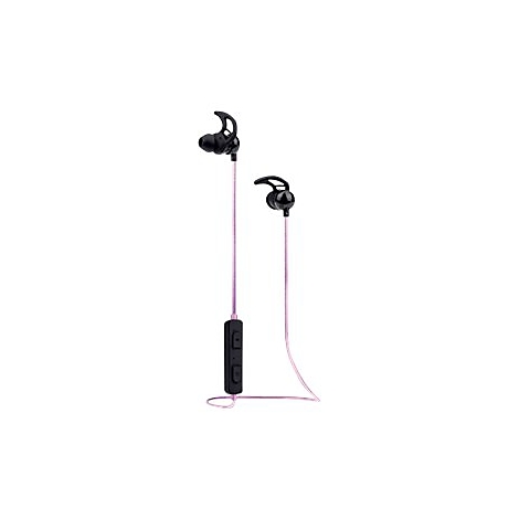 Schwarze In-Ear-Kopfhörer mit rosafarbenem Kabel und Bedienelement vor weißem Hintergrund.