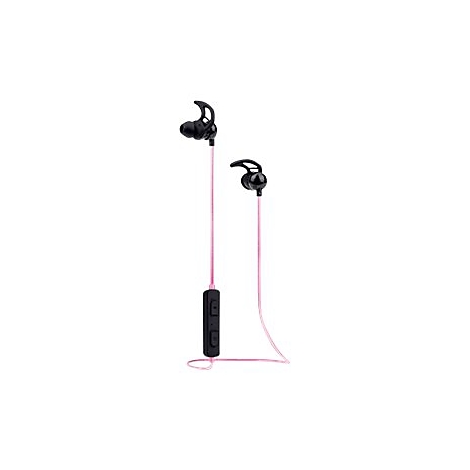 Schwarze In-Ear-Kopfhörer mit pinkem Kabel und Bedienelement vor weißem Hintergrund.