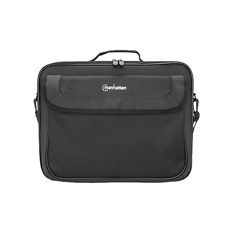 Schwarze Manhattan Laptoptasche mit Tragegriff und Logo vor weißem Hintergrund.