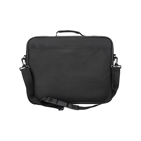 Schwarze Laptoptasche mit Tragegriff und verstellbarem Schultergurt vor weißem Hintergrund.