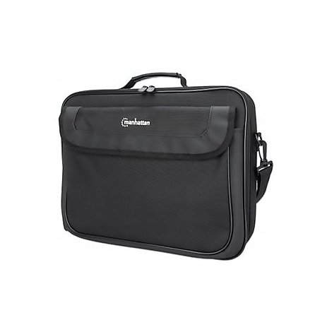 Schwarze Laptoptasche mit Tragegriff und Manhattan-Logo auf der Vorderseite vor weißem Hintergrund.