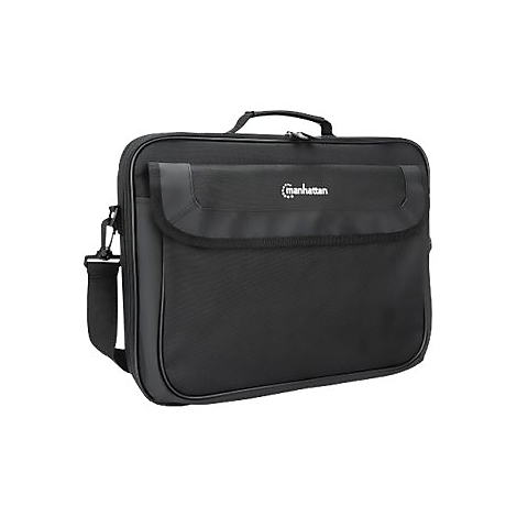 Schwarze Laptoptasche von Manhattan mit Tragegriff und Schultergurt vor weißem Hintergrund.