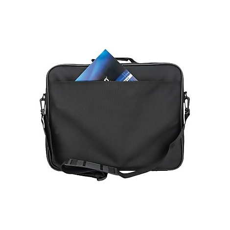 Schwarze Laptoptasche mit verstellbarem Tragegurt und eingesteckter Dokumentenmappe vor weißem Hintergrund.