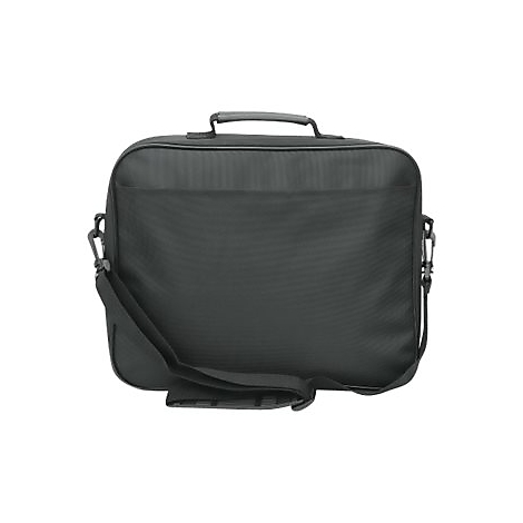 Schwarze Laptoptasche mit Tragegriff und verstellbarem Schultergurt vor weißem Hintergrund.