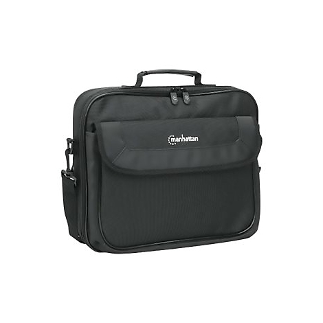 Schwarze Laptoptasche mit Tragegriff und Manhattan-Logo auf weißem Hintergrund.