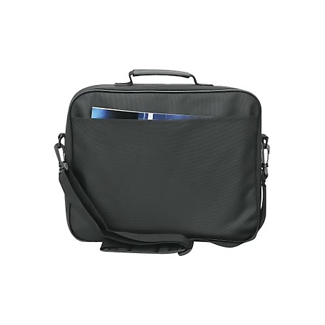Schwarze Laptoptasche mit Tragegriff und Schultergurt vor neutralem Hintergrund.