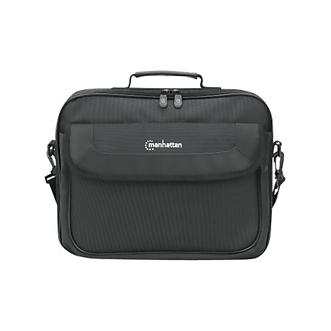 Schwarze Manhattan Laptoptasche mit Tragegriff und Logo vor weißem Hintergrund.