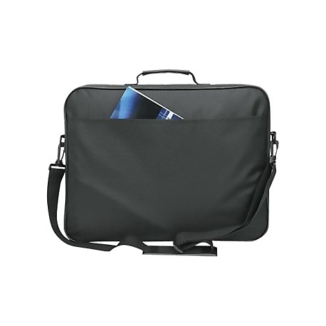 Schwarze Laptoptasche mit Tragegriff und Schultergurt, ein Dokument steckt im vorderen Außenfach.