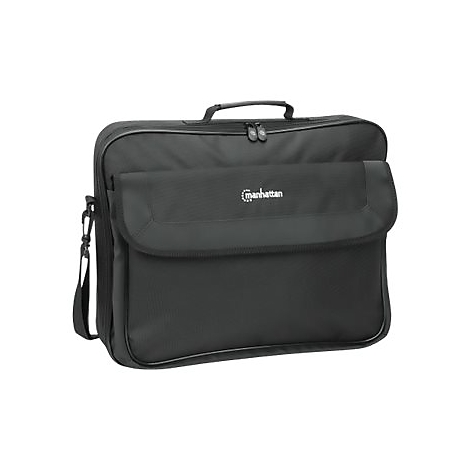 Schwarze Manhattan Laptoptasche mit Tragegriff, Umhängegurt und Frontklappe auf weißem Hintergrund.
