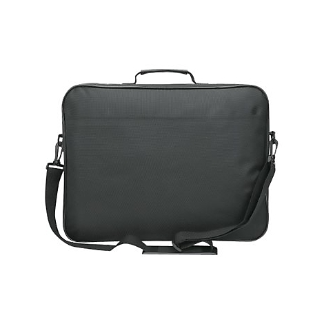Schwarze, rechteckige Laptoptasche mit Tragegriff und verstellbarem Schultergurt vor weißem Hintergrund.