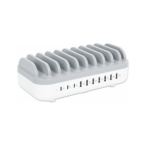 Weiße Ladestation mit acht grauen Trennstegen und mehreren USB-Anschlüssen vor weißem Hintergrund.