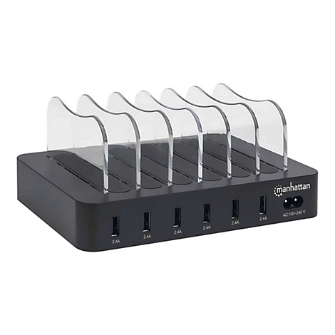 Schwarze Ladestation von Manhattan mit sechs USB-Ports und durchsichtigen Trennwänden vor weißem Hintergrund.