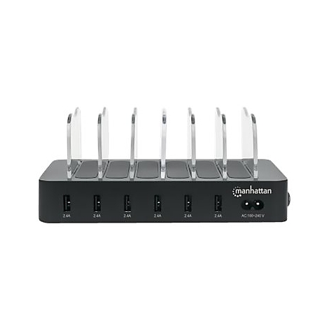 Schwarze Manhattan USB-Ladestation mit sechs Fächern für Mobilgeräte vor weißem Hintergrund.