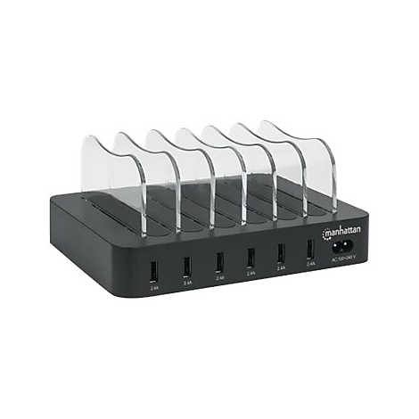 Schwarze Manhattan USB-Ladestation mit sechs Fächern für Geräte und USB-Anschlüssen an der Vorderseite.