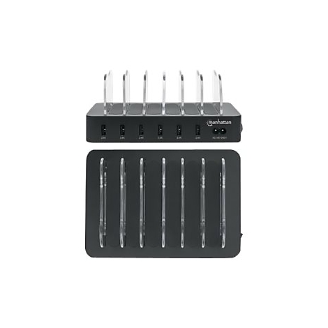 Schwarze Ladestation von Manhattan mit sechs USB-Ports und Trennwänden zur Aufbewahrung von Geräten.