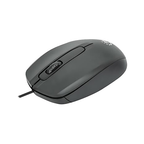 Dunkelgraue, kabelgebundene Computermaus mit Scrollrad vor weißem Hintergrund.