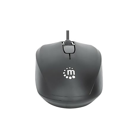 Schwarze, kabelgebundene Computermaus mit weißem Logo auf weißem Hintergrund.